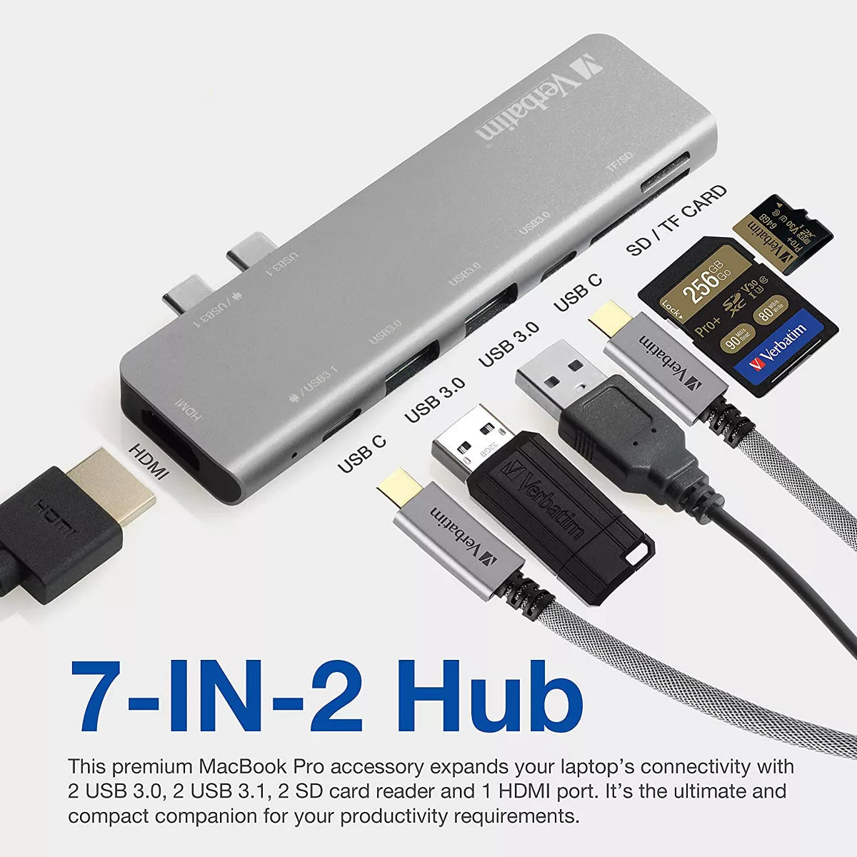 Verbatim 7-In-2 USB C Hub Adapter with 4K HDMI, 100W Power Delivery, USB 3.0, SD Card Readers for Macbook Pro and USB C Laptops