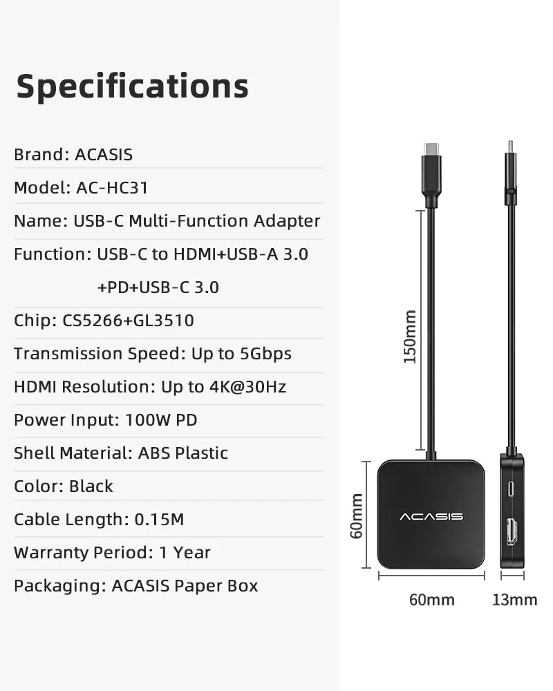 USB-C Hub 6-In-1 Multi-Port Adapter with 4K HDMI, 100W Power Supply | 3 USB-A 3.