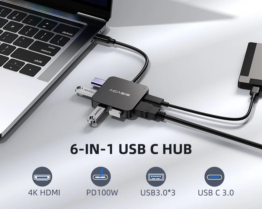 USB-C Hub 6-In-1 Multi-Port Adapter with 4K HDMI, 100W Power Supply | 3 USB-A 3.