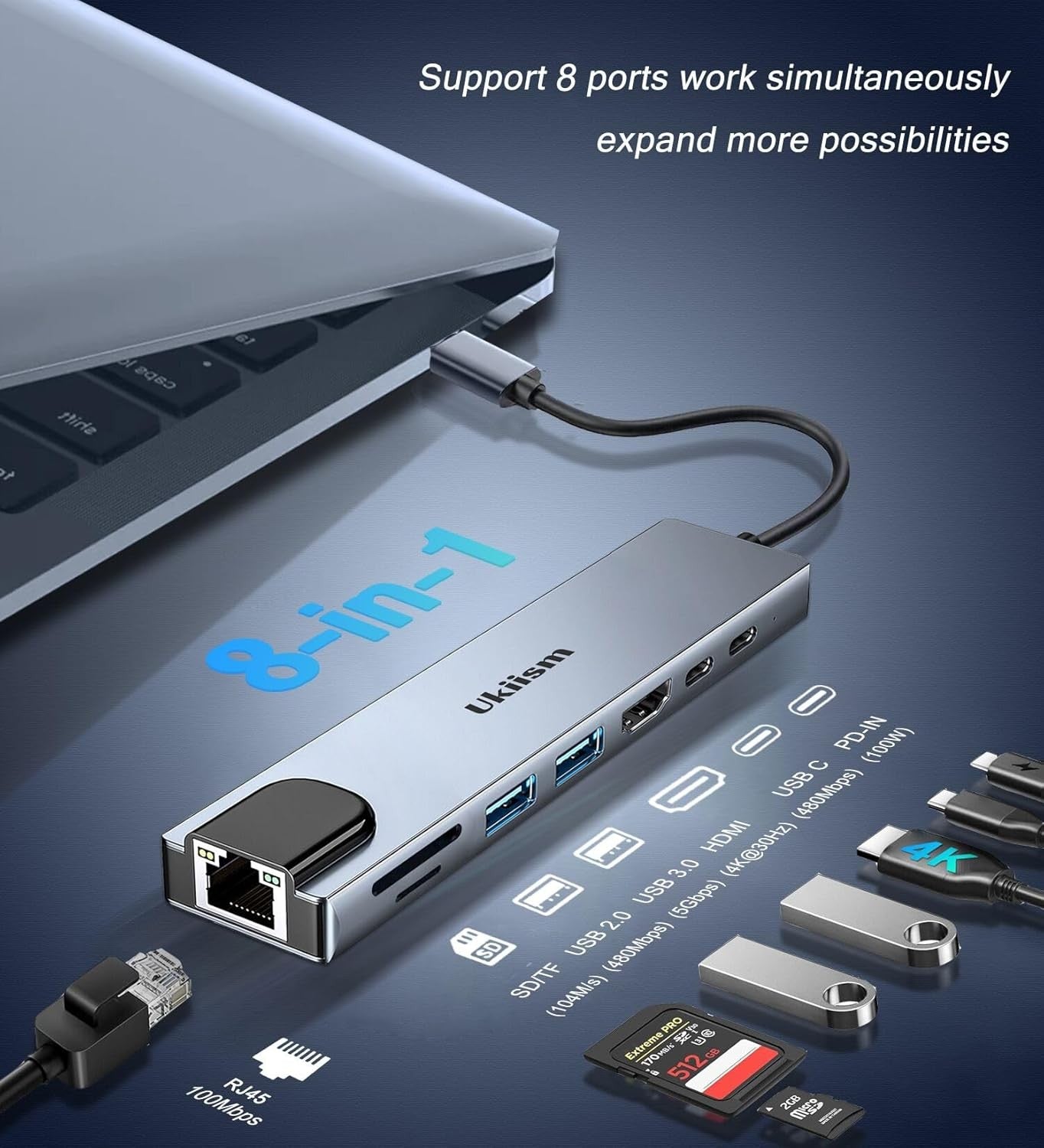 USB C Hub Ethernet HDMI Adapter, 8 in 1 Docking Station with 4K HDMI, RJ45 Ether