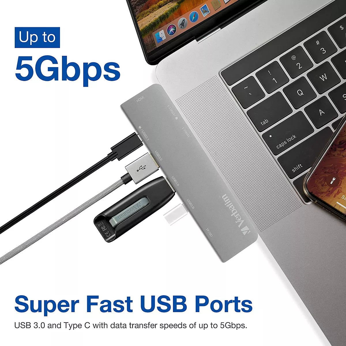 Verbatim 7-In-2 USB C Hub Adapter with 4K HDMI, 100W Power Delivery, USB 3.0, SD Card Readers for Macbook Pro and USB C Laptops