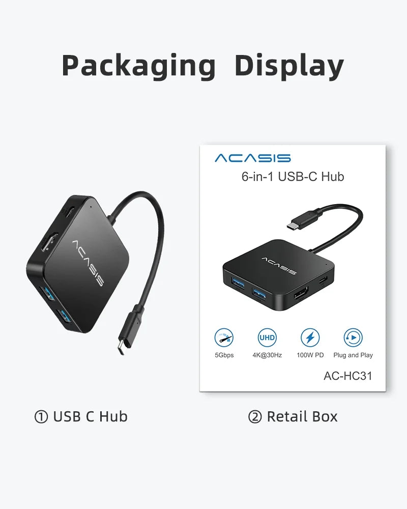 USB-C Hub 6-In-1 Multi-Port Adapter with 4K HDMI, 100W Power Supply | 3 USB-A 3.