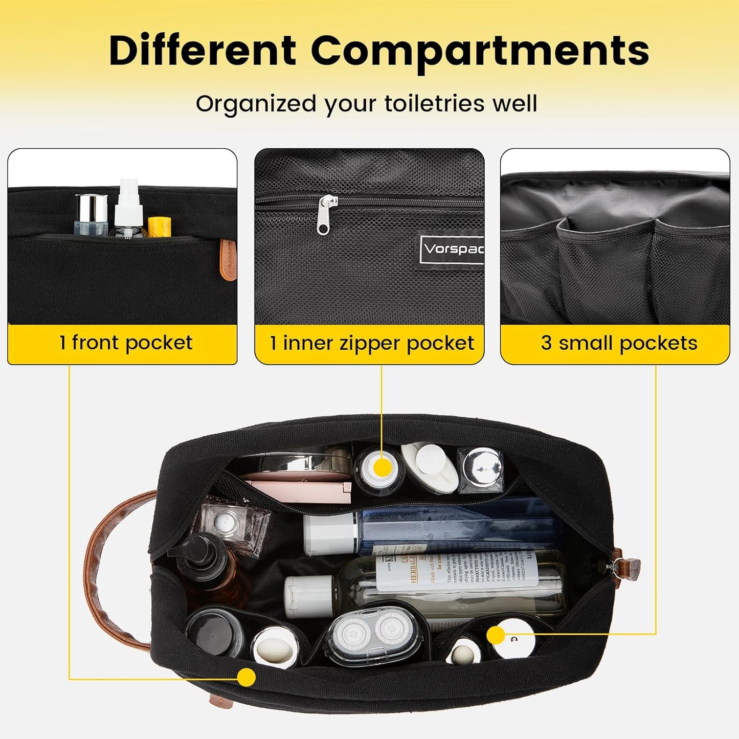 Travel Toiletry Bag - Hanging Toiletry Bag for Men Water Resistant Canvas Shaving Bag with Large Capacity for Travel - Black