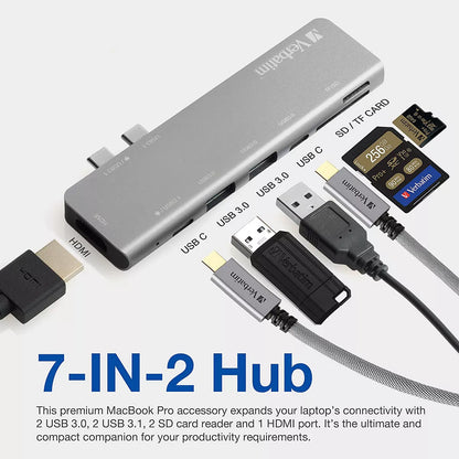 Verbatim 7-In-2 USB C Hub Adapter with 4K HDMI, 100W Power Delivery, USB 3.0, SD Card Readers for Macbook Pro and USB C Laptops
