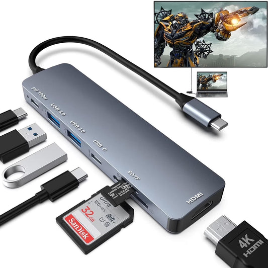 USB C Hub Multiport Adapter - 7 in 1 Portable Space Aluminum Dongle with 4K HDMI Output, 3 USB 3.0 Ports, SD/TF Card Reader Compatible for Macbook Pro, XPS More Type C Devices