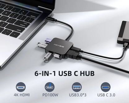 USB-C Hub 6-In-1 Multi-Port Adapter with 4K HDMI, 100W Power Supply | 3 USB-A 3.