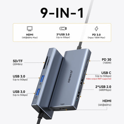 USB C Hub Multiport Adapter for Macbook Pro/Air, 9 in 1 USB C Dongle Dock Mac...