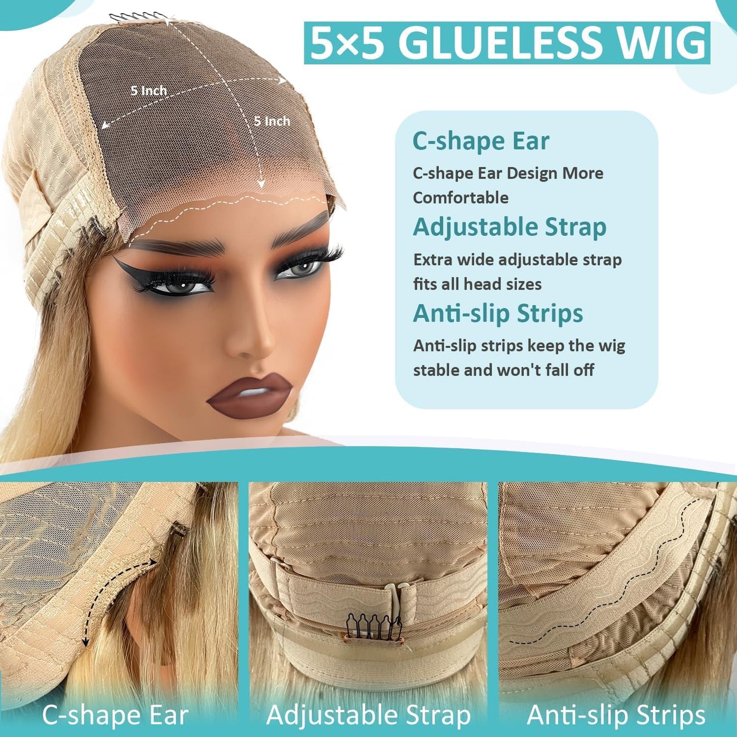 5X5 Wear and Go Blonde Wig Human Hair 2.0-613 Upgraded Brown Roots 200% Density Ombre 2 Tone Blonde Wig for Women UHD Pre-Cut Lace Bob Wigs No Mix Fiber Brazilian Virgin Hair 10 Inch