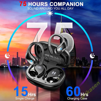 Bluetooth 5.3 Headphones Pure Bass Sound with Earhooks 75H Battery over Ear Headphones with Dual-Led Display IP7 Waterproof