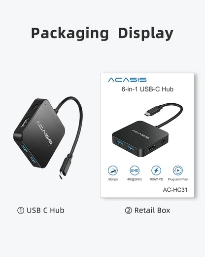 USB-C Hub 6-In-1 Multi-Port Adapter with 4K HDMI, 100W Power Supply | 3 USB-A 3.