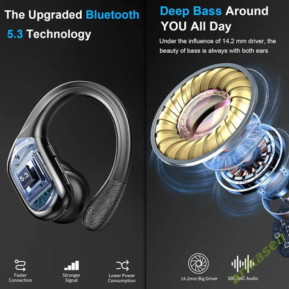 Bluetooth 5.3 Headphones Pure Bass Sound with Earhooks 75H Battery over Ear Headphones with Dual-Led Display IP7 Waterproof