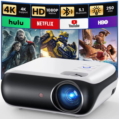 HAPPRUN Native 1080P Bluetooth Projector, Full HD Portable Outdoor Movie Projector with Built-In Speaker, with HDMI, USB, AV