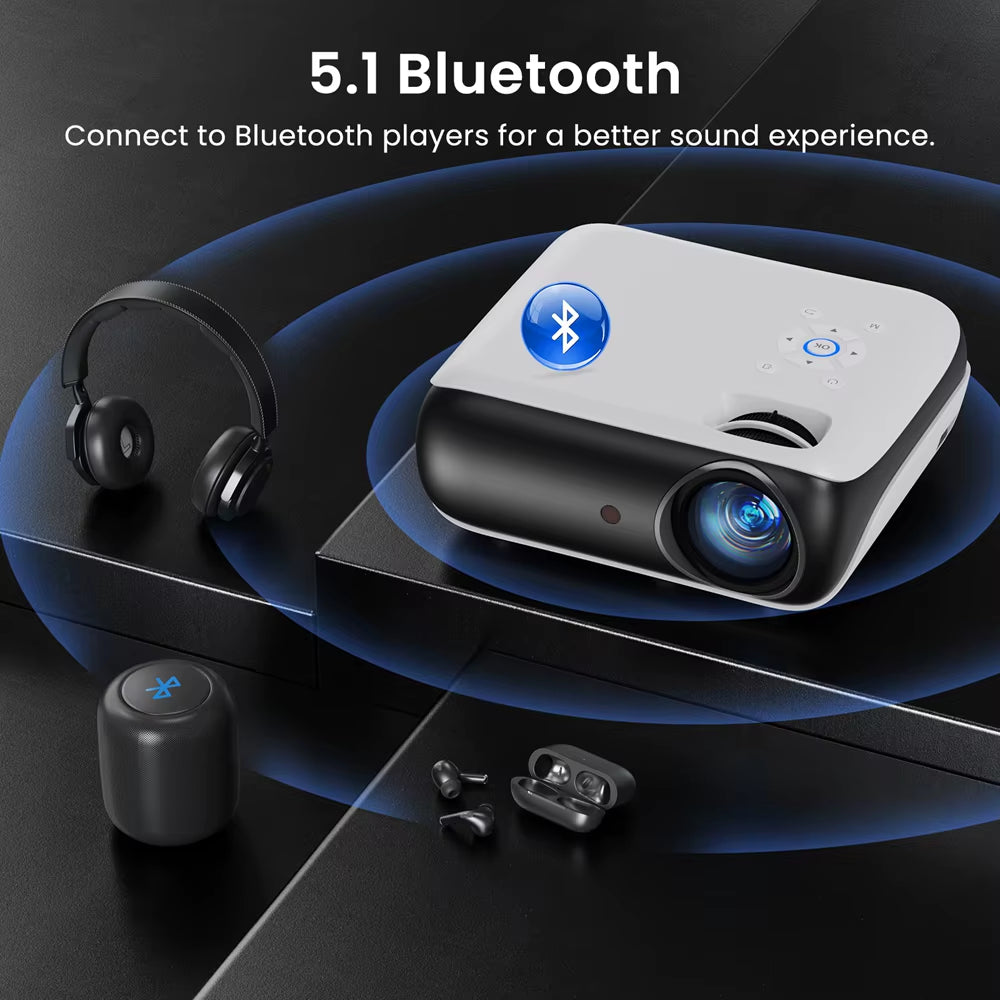 HAPPRUN Native 1080P Bluetooth Projector, Full HD Portable Outdoor Movie Projector with Built-In Speaker, with HDMI, USB, AV